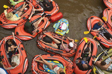 Image showing VANTAA, FINLAND – AUGUST 1, 2015: Beer Floating (kaljakellunta