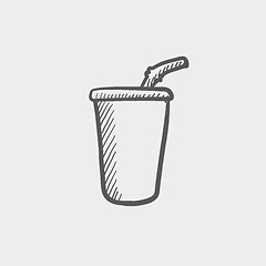 Image showing Disposable cup with lid and straw sketch icon