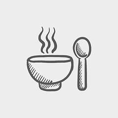 Image showing Bowl of hot soup with spoon sketch icon