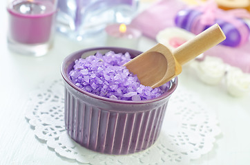 Image showing sea salt, soap and candle