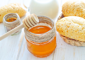 Image showing honey,bread and milk