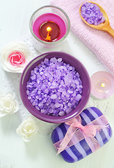 Image showing sea salt, soap and candle