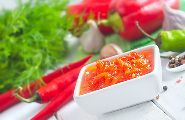 Image showing Fresh sauce from tomato and chilli peppers