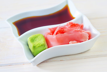 Image showing soy sauce, vasabi and ginger