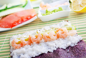 Image showing Fresh ingredients for sushi, rice and shrimps