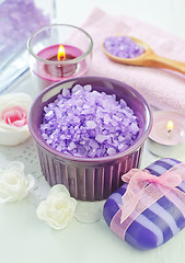 Image showing sea salt, soap and candle