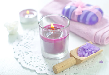 Image showing sea salt, soap and candle