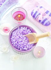 Image showing sea salt, soap and candle