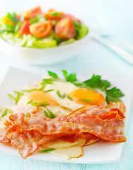 Image showing Breakfast, bakon with salad and eggs