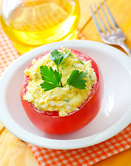 Image showing Baked tomato with boiled eggs and cheese