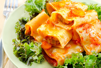 Image showing pasta with sauce and salad