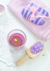 Image showing sea salt, soap and candle