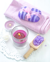 Image showing sea salt, soap and candle