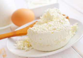 Image showing Milk products, fresh cottage in the white plate