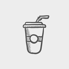 Image showing Soda in plastic cup with straw sketch icon