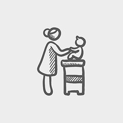 Image showing Mother taking care of the baby sitting on a high chair sketch icon