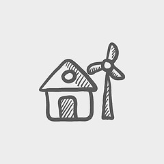 Image showing House with windmill sketch icon