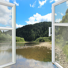 Image showing window opened to the river and mountains