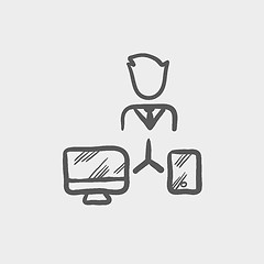 Image showing Man with computer set sketch icon