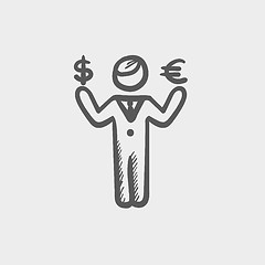 Image showing Businessman holding Euro and US dollar sketch icon