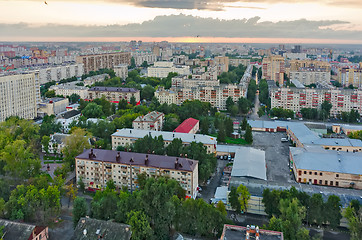 Image showing Aerial view of Tyumen city skyline at sunset