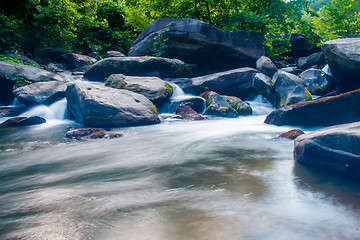 Image showing broad river flowing through wooded forest