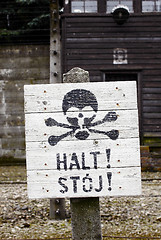 Image showing Sign in Auschwitz concentration camp, Poland