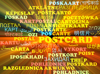 Image showing Postcard multilanguage wordcloud background concept glowing