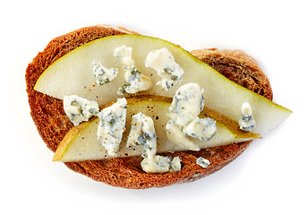 Image showing toasted bread with pear and blue cheese