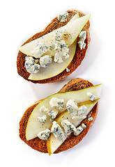 Image showing toasted bread with pear and blue cheese