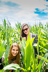 Image showing Two young girls hiding in a green cornfield