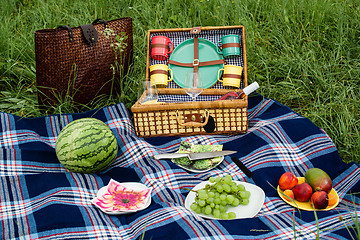 Image showing Picnic blanket and basket 