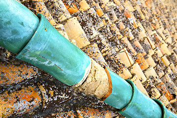 Image showing green old moroccan  tile roof  the old city 