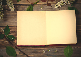 Image showing album with open pages and blossom bird-cherry