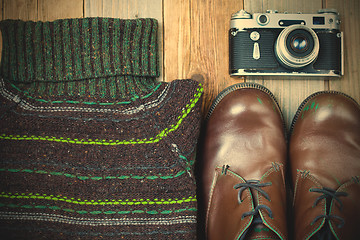 Image showing Vintage sweater, shoes, antique rangefinder camera