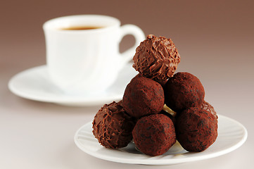 Image showing Chocolate truffles and coffee