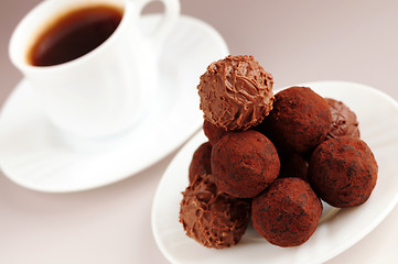 Image showing Chocolate truffles and coffee