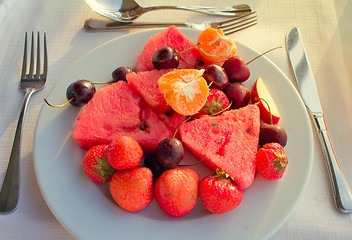 Image showing Fruit dessert, diverse fruits and berries.