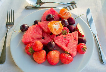 Image showing Fruit dessert, diverse fruits and berries.