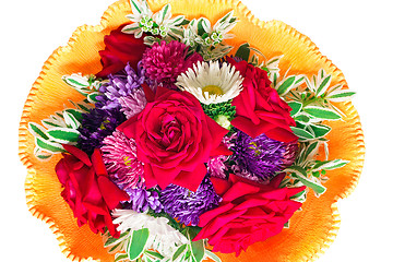 Image showing Bunch of flowers: roses, asters, camomiles on a white background