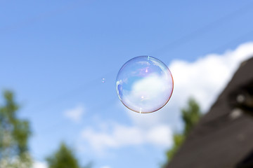 Image showing Clear soap bubble in blue cloudy sky