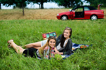 Image showing Best friends having a picnic next to their car