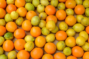 Image showing lemons and oranges in a wooden box