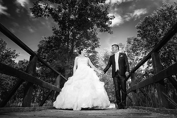 Image showing Bride and groom holding hands bw