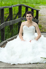 Image showing Bride posing on wooden bridge