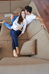 Image showing happy young romantic couple have fun and  relax at home indoors