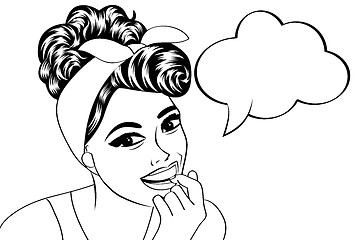 Image showing pop art cute retro woman in comics style in black and white