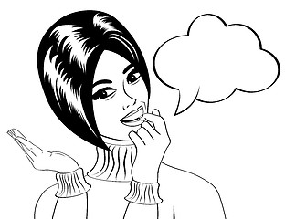 Image showing pop art cute retro woman in comics style in black and white