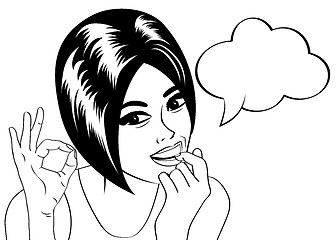 Image showing pop art cute retro woman in comics style in black and white
