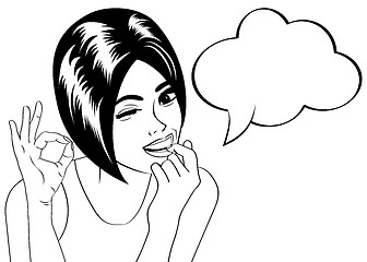 Image showing pop art cute retro woman in comics style in black and white